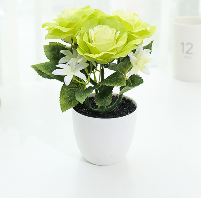 Chậu cây hoa giả Nhựa Hình bầu 3 bông Hoa hồng basic