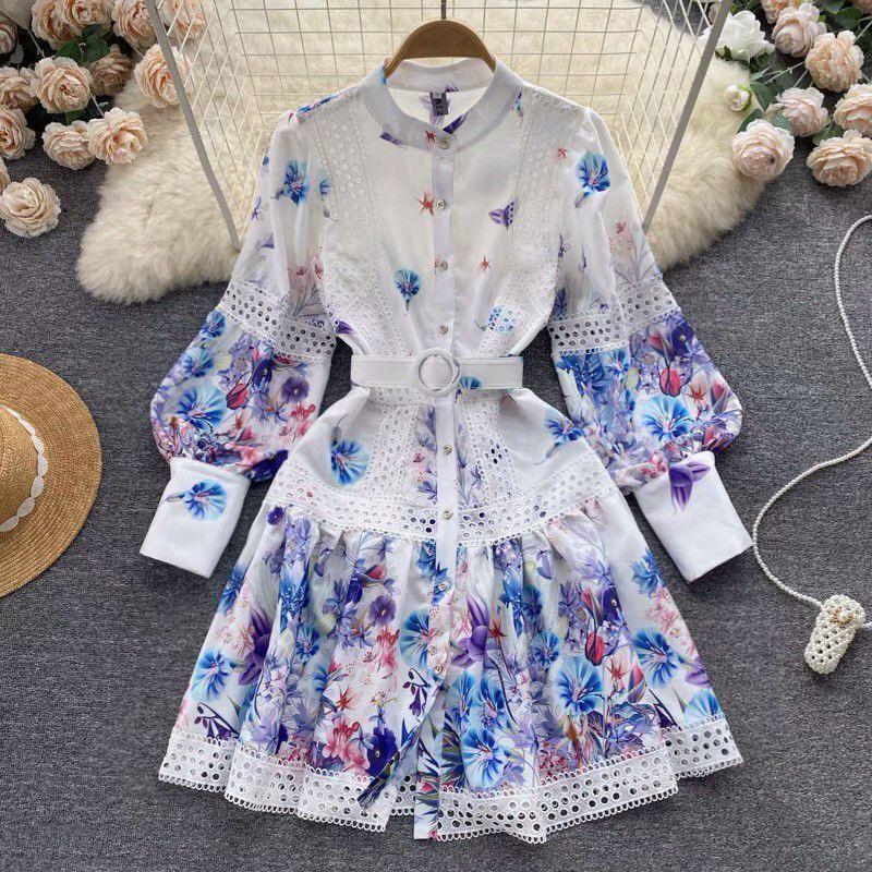 ĐẦM CỔ TRỤ TAY PHỒNG PHỐI REN