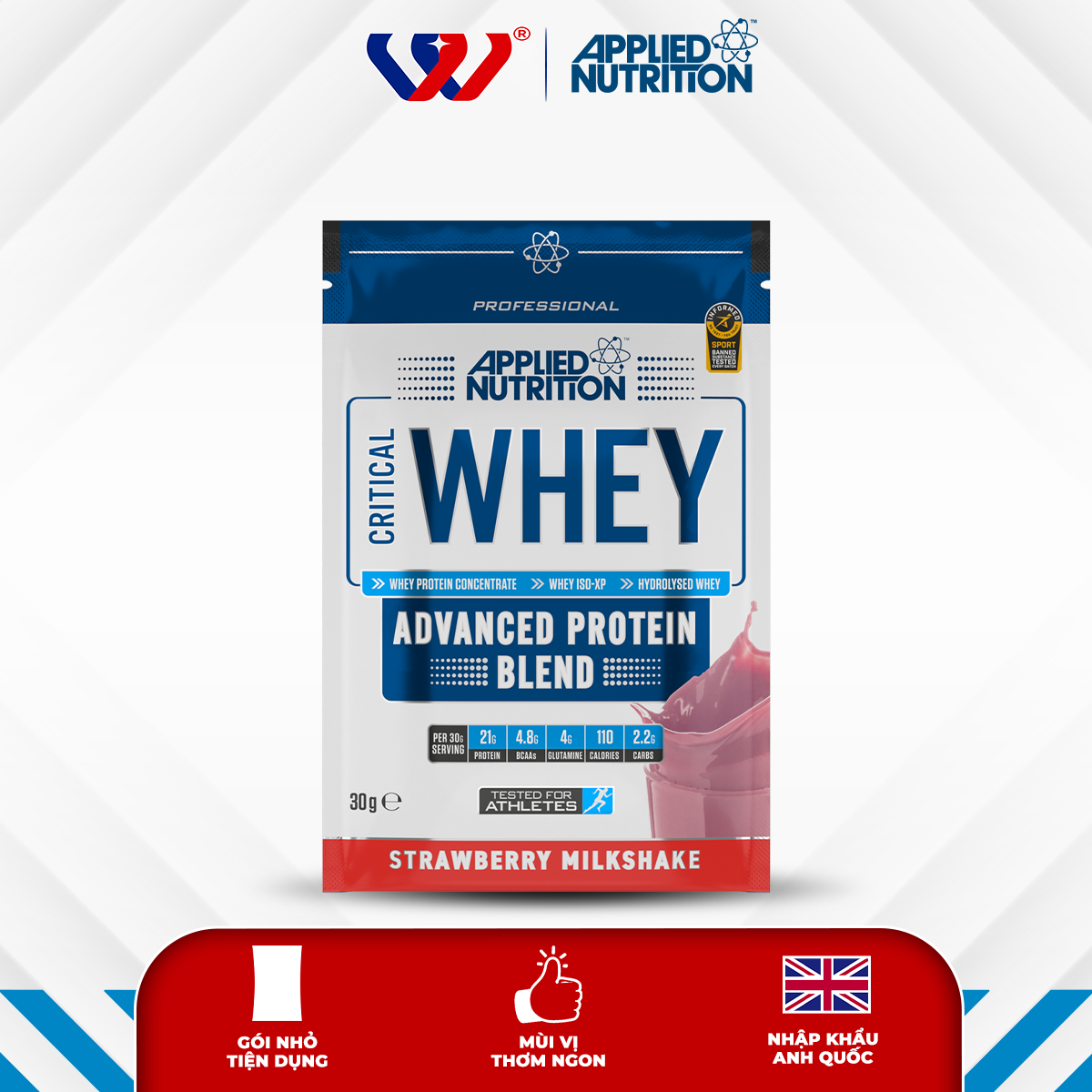 Gói bột whey Applied Nutrition Critical Whey Protein 30g, tăng cơ, giảm mỡ, tiện lợi