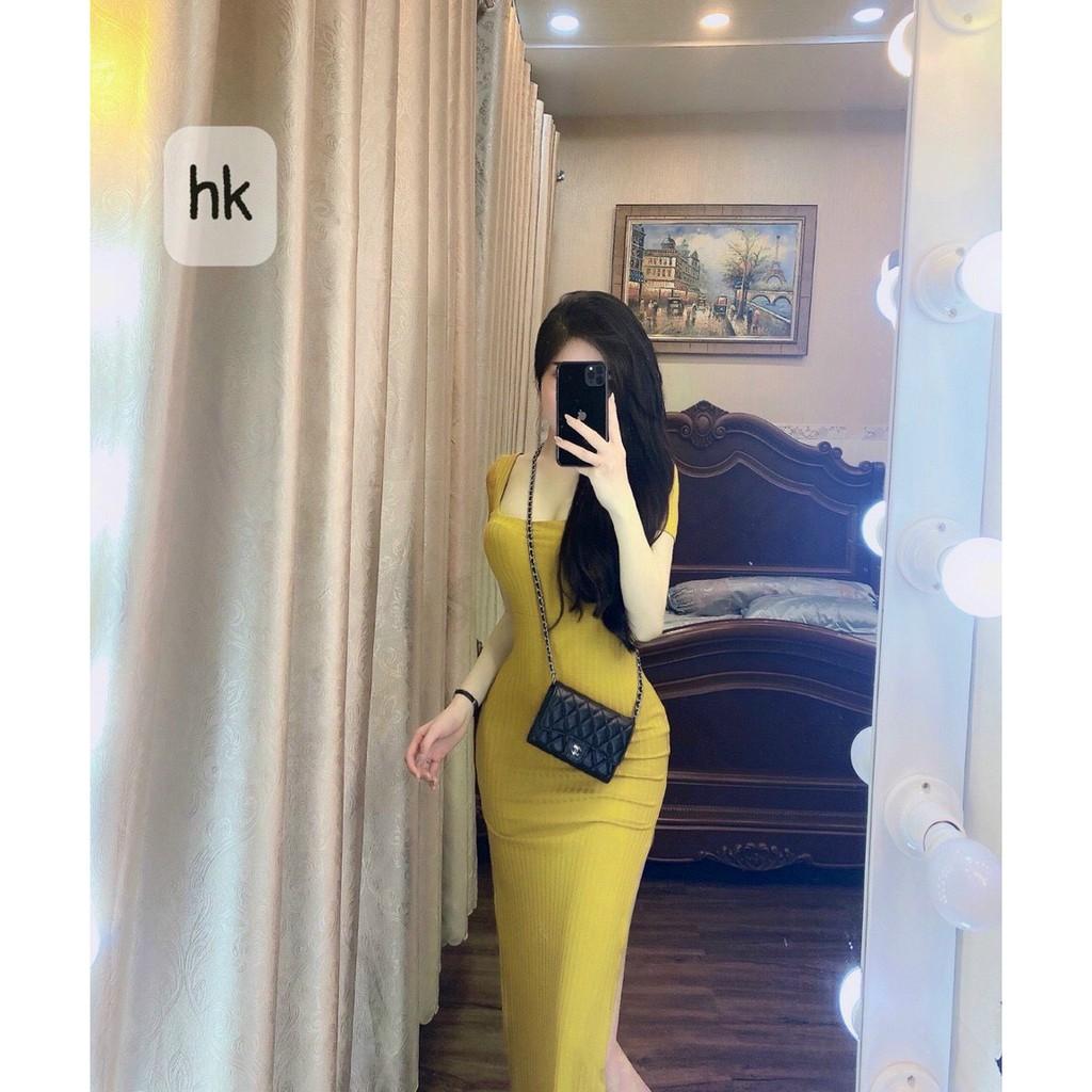 Đầm Body Cổ Vuông Tay Ngắn Xẻ 1 Bên Đùi Chất Thun Gân Thích Hợp Mặc Đi Tiệc Đi Làm Đi Chơi
