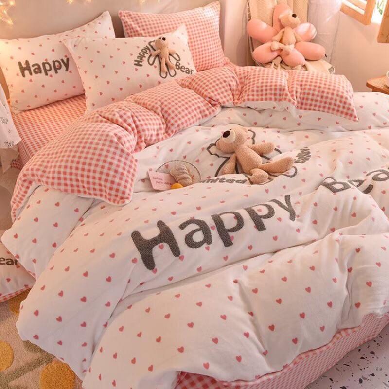 Bộ ga gối vỏ chăn nỉ nhung gấu Happy bear 4 món