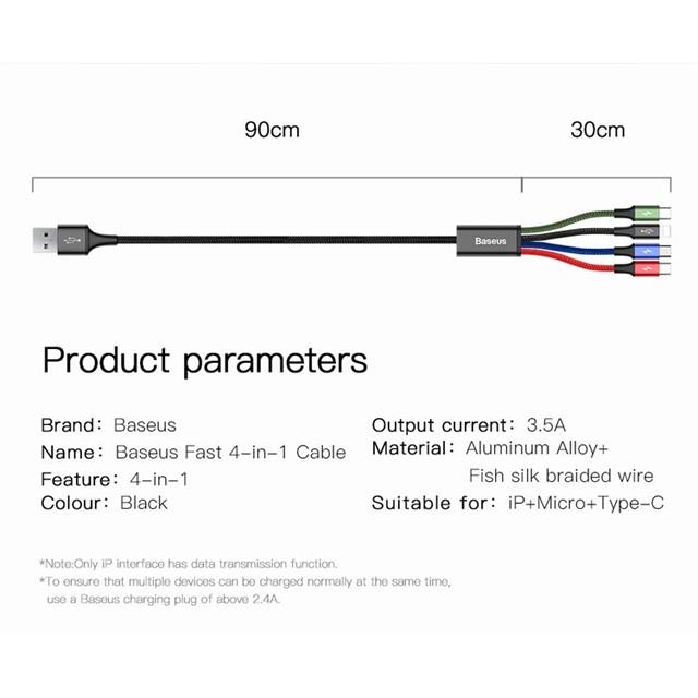 Cáp sạc 4 đầu Baseus Rapid CA1T4-C01 dài 1.2m LN/ Type-C/ MicroUSB 2 cổng - dây bọc dù (Nhiều màu) - Hàng Chính Hãng