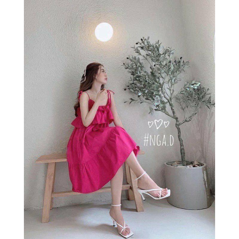 Váy 2 dây hồng babydoll bèo xòe, đầm thiết kế 2 dây đi biển, đầm 2 dây bầu mặc oki