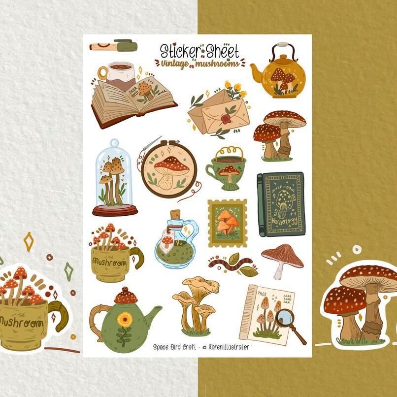 Sticker sheet vintage mushrooms - chuyên dán, trang trí sổ nhật kí, sổ tay | Bullet journal sticker - unim055
