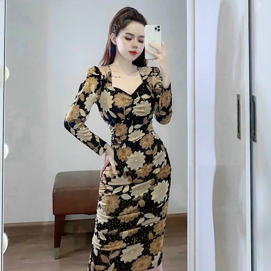 Đầm dự tiệc, Đầm ôm body cổ v tay dài in hoa, giấu bụng, co giãn tốt