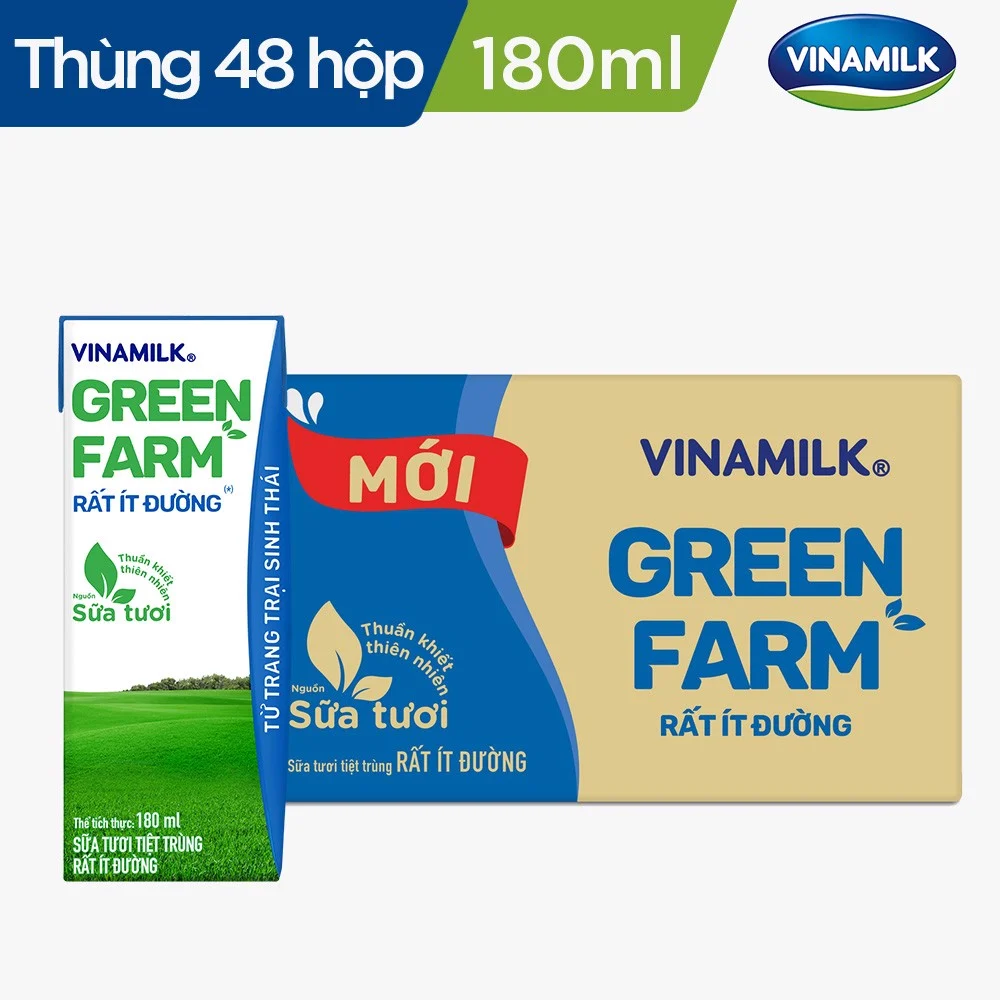 Thùng 48 Sữa Tươi Tiệt Trùng Vinamilk Green Farm - Sữa Tươi 100% Ít Đường 180ml