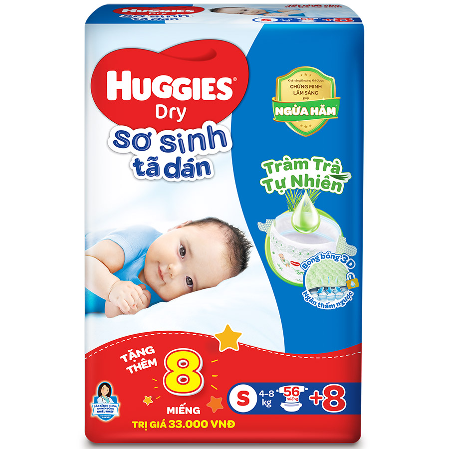 Tã dán sơ sinh Huggies mới S56 (4kg-8kg) - Gói 56 miếng Tràm Trà + Tặng 8 miếng