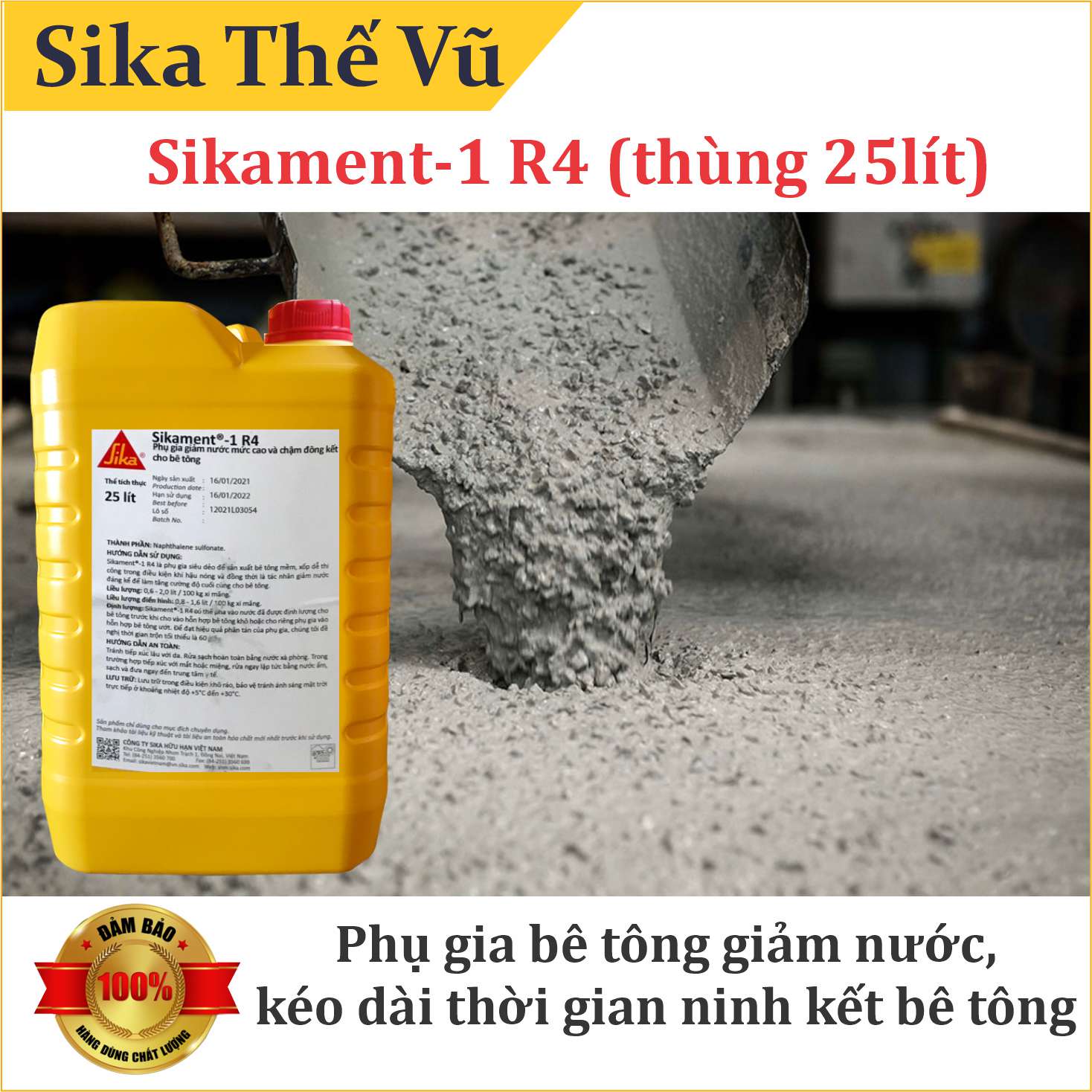 Phụ gia bê tông cao tầng giúp giảm nước, kéo dài thời gian ninh kết bê tông - Sikament- 1 R4 (thùng 25lít)