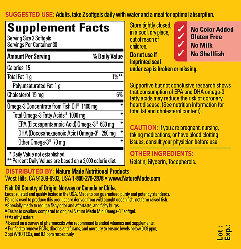 Omega-3 dầu cá Burp Less Fish Oil 1400mg Nature Made Mỹ hỗ trợ sức khỏe cho tim, não và mắt - OZ Slim Store