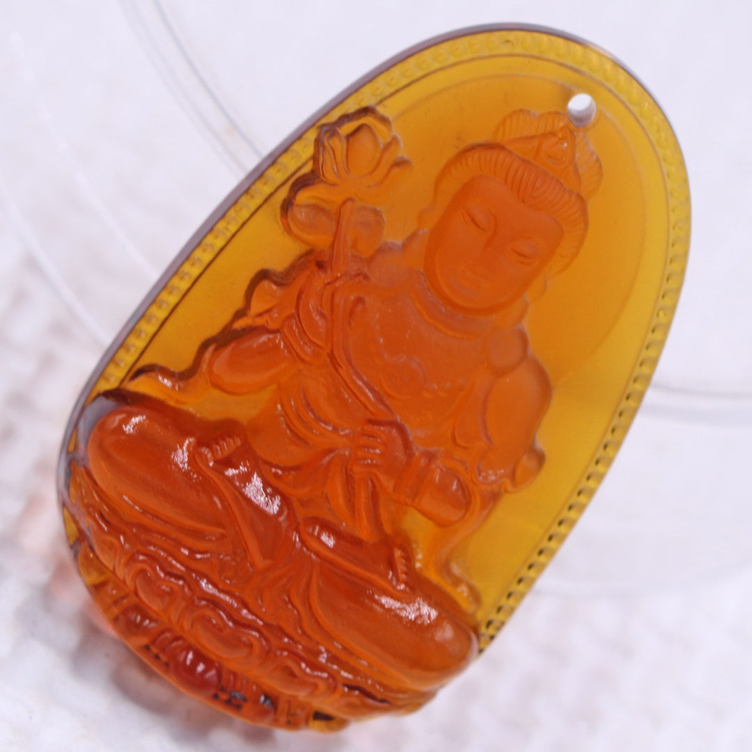 Mặt Phật Đại thế chí pha lê cam 1.9cm x 3cm  kèm móc dây chuyền inox vàng, Phật bản mệnh, mặt dây chuyền Phật giáo