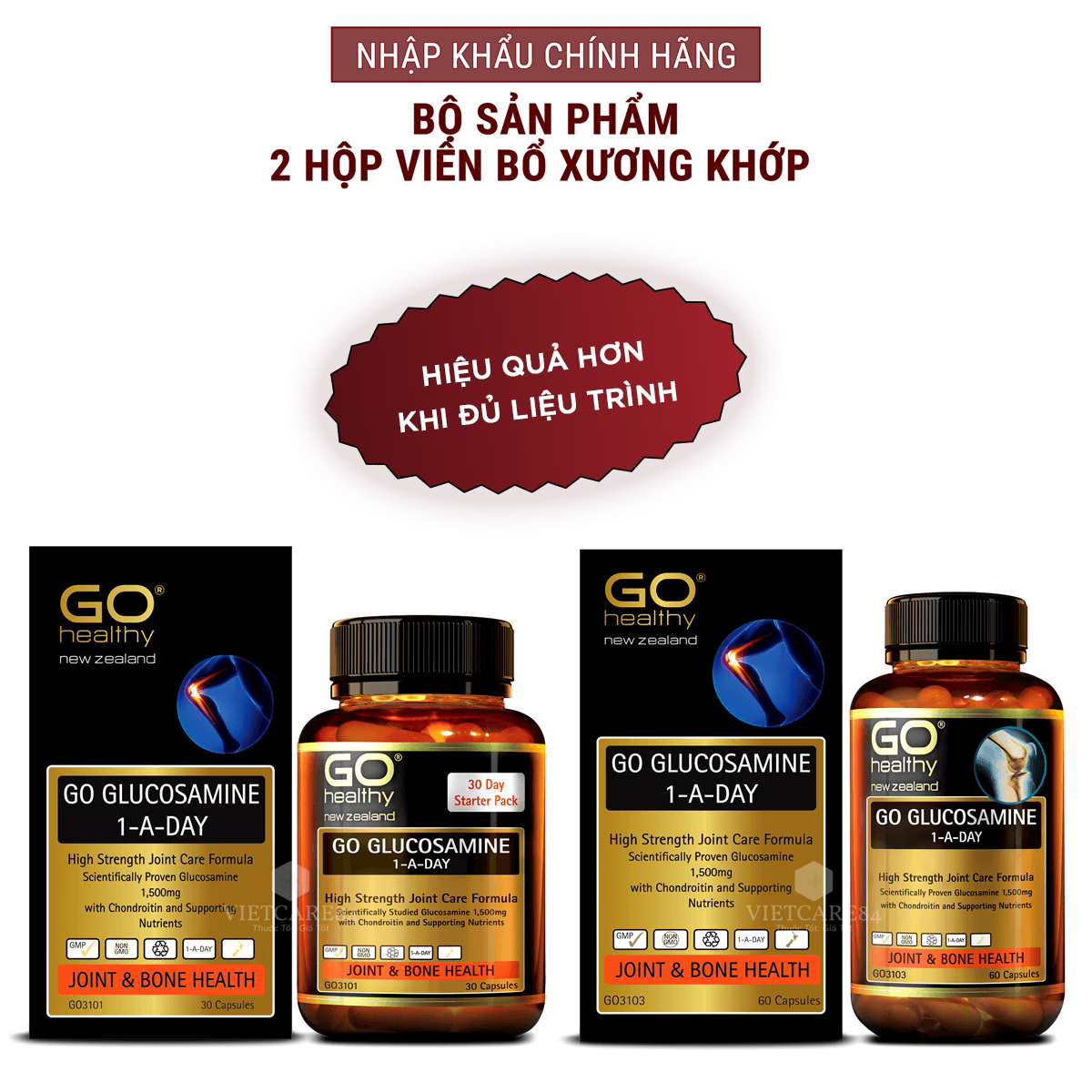 Bộ sản phẩm 2 hộp viên uống glucosamine nhập khẩu chính hãng New Zealand GO GLUCOSAMINE 1-A-DAY 1500mg (30 viên và 60 viên) giúp tăng dịch khớp, giảm thoái hóa khớp, khô khớp, cứng khớp;nuôi dưỡng xương sụn khớp khỏe mạnh