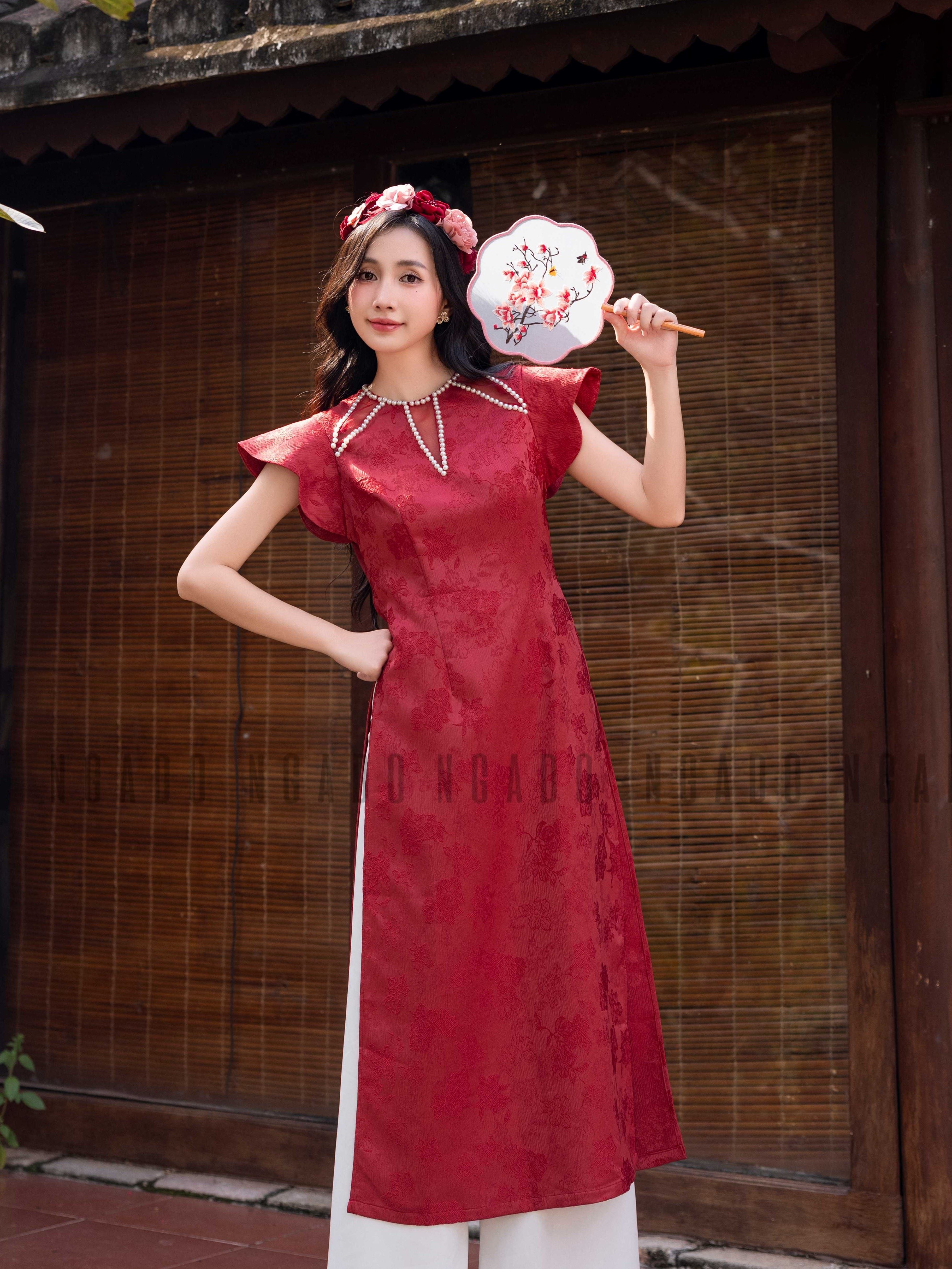 Áo dài Cát Châu NGADO , áo dài đỏ , áo dài Tết
