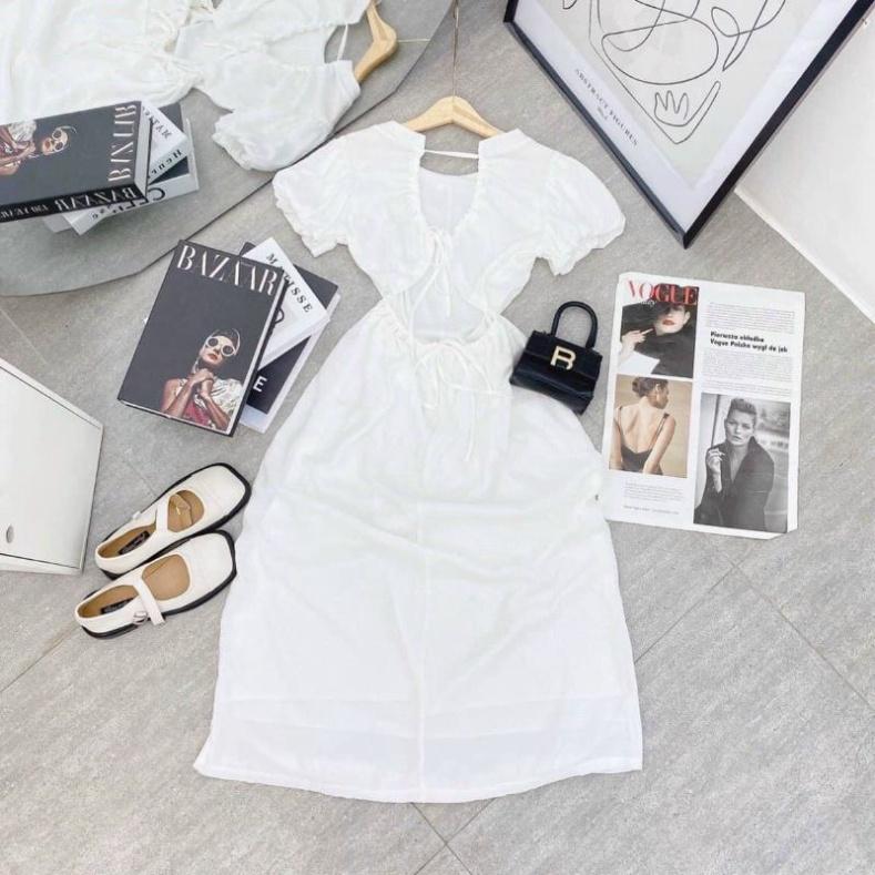 Đầm váy maxi lưng dây rút linen full lót lụa tay phồng hở lưng cổ tròn midi trắng đi biển dự tiệc cao cấp size S M L