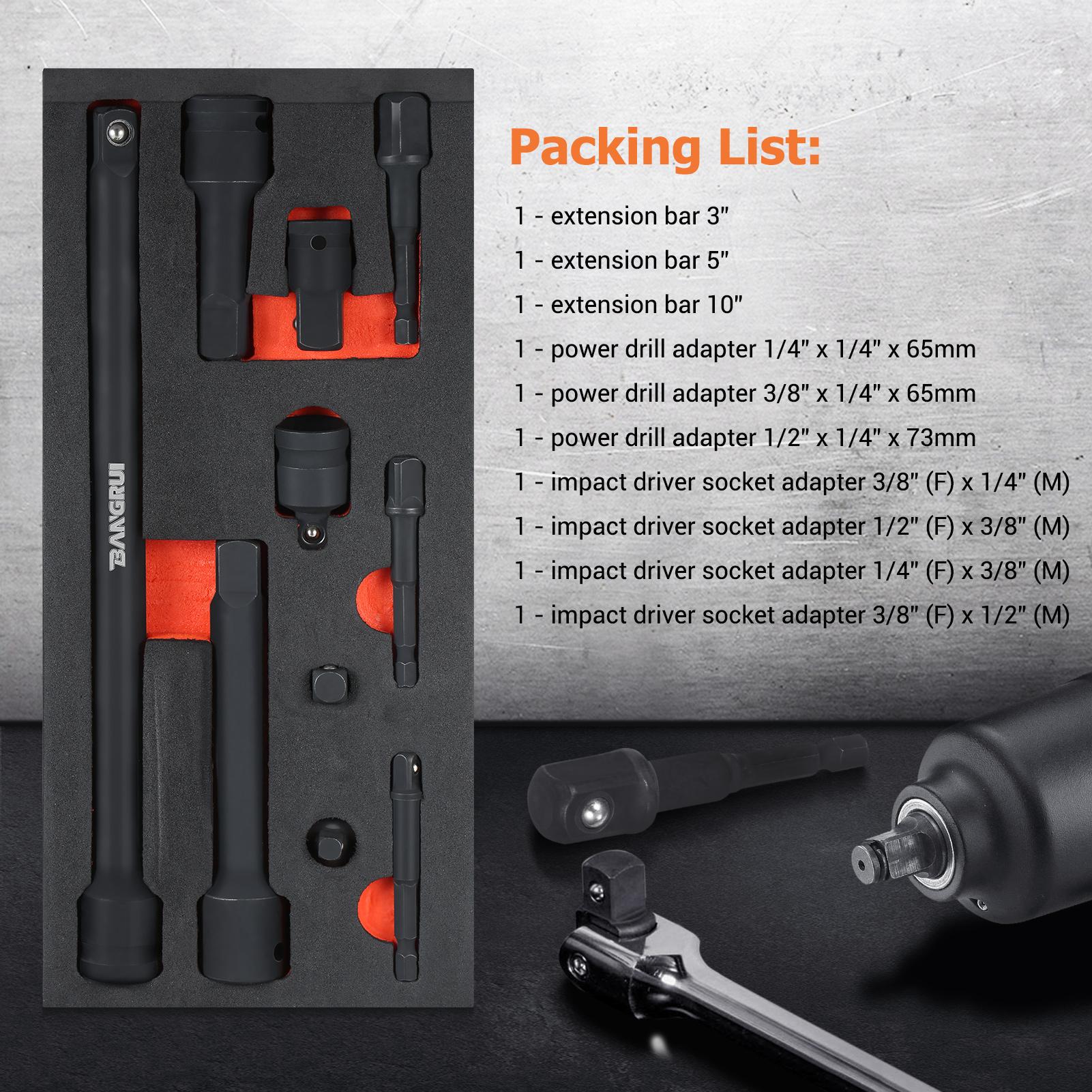 10 Pieces Drive Impact Extension Bar & Adapter Set Includes Extension Bar Power Drill Adapter Impact