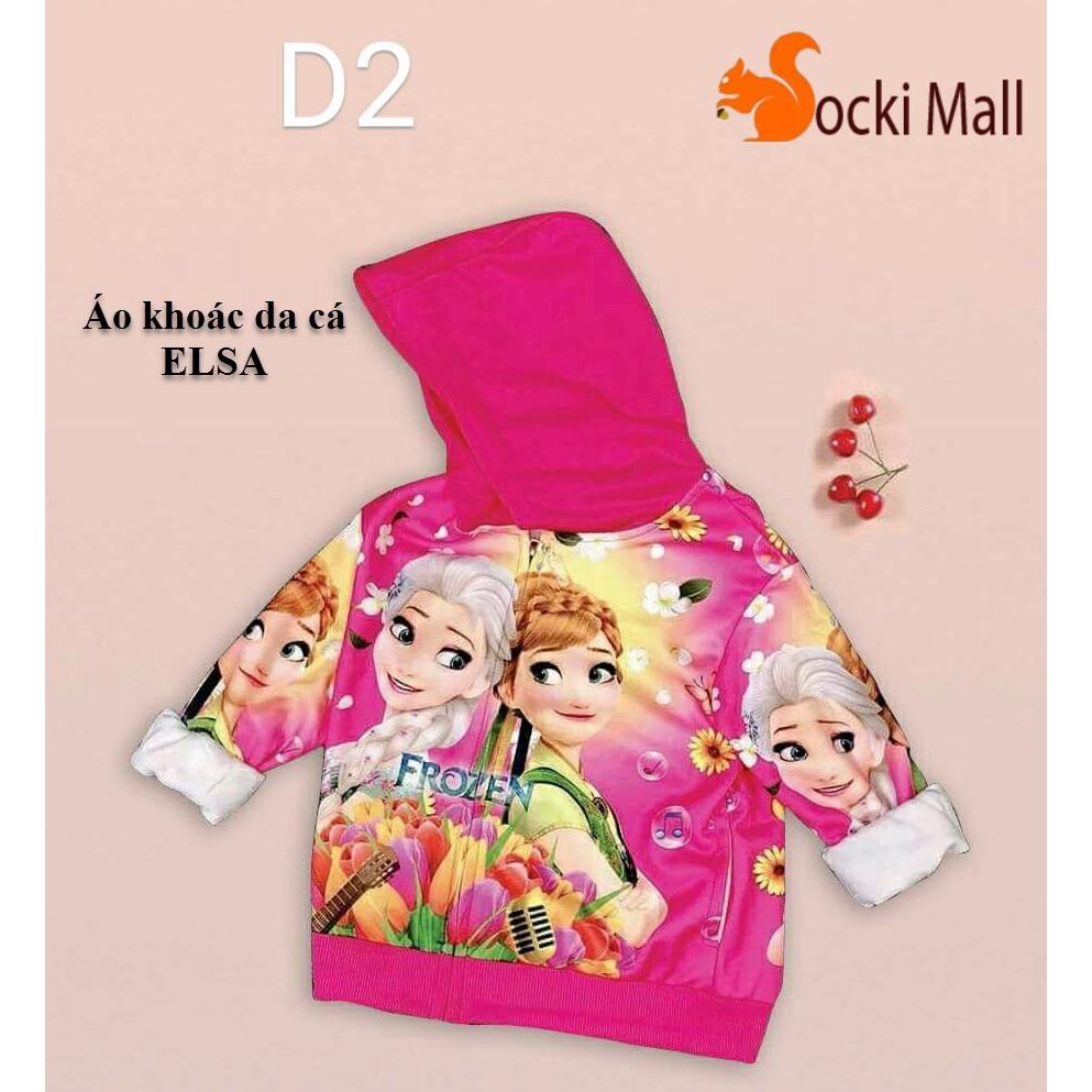 Áo khoác giữ ấm có nón, chất da cá mặc ấm cho bé gái, in 3D công chúa ELSA sặc sỡ .