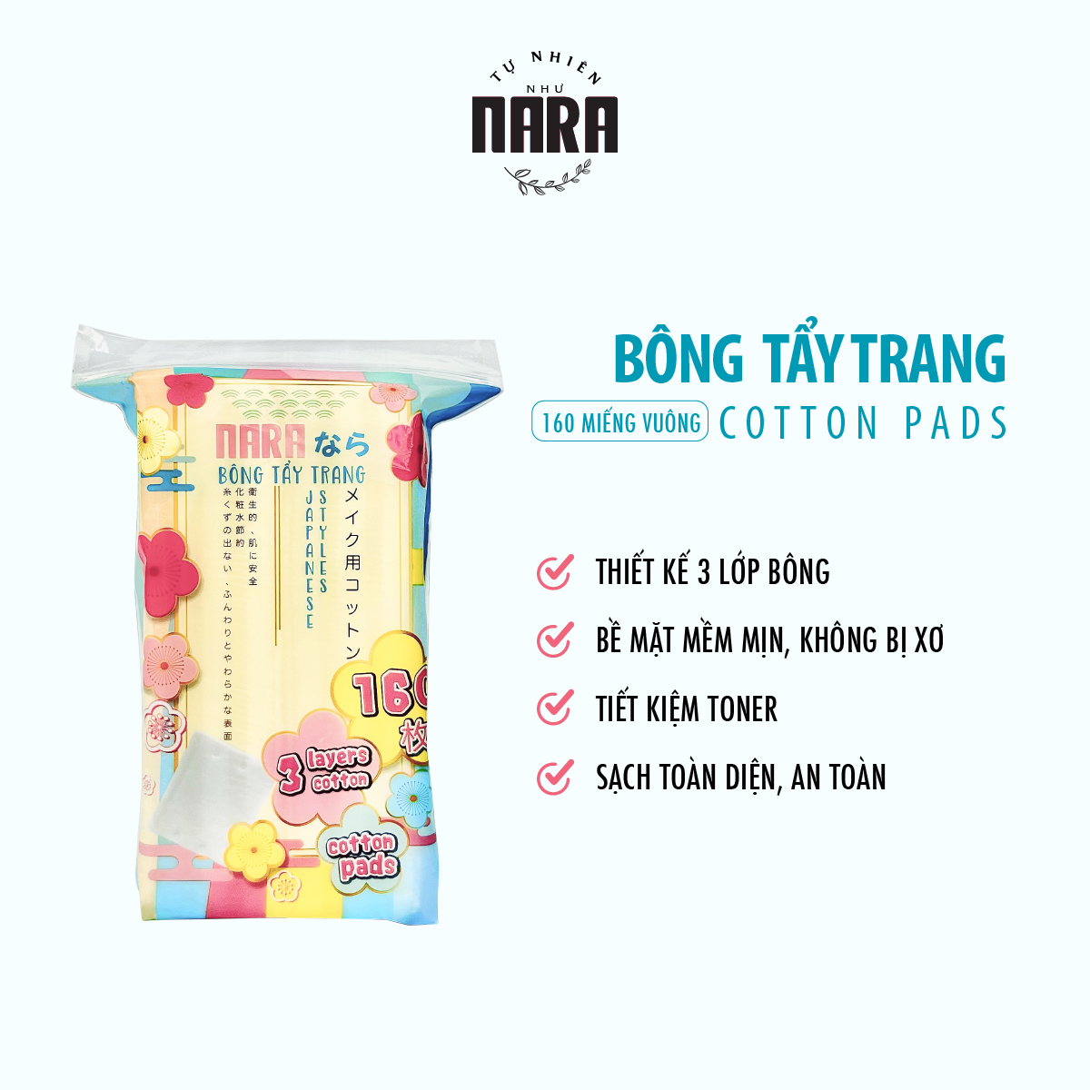 Bông tẩy trang Nara 160 miếng vuông