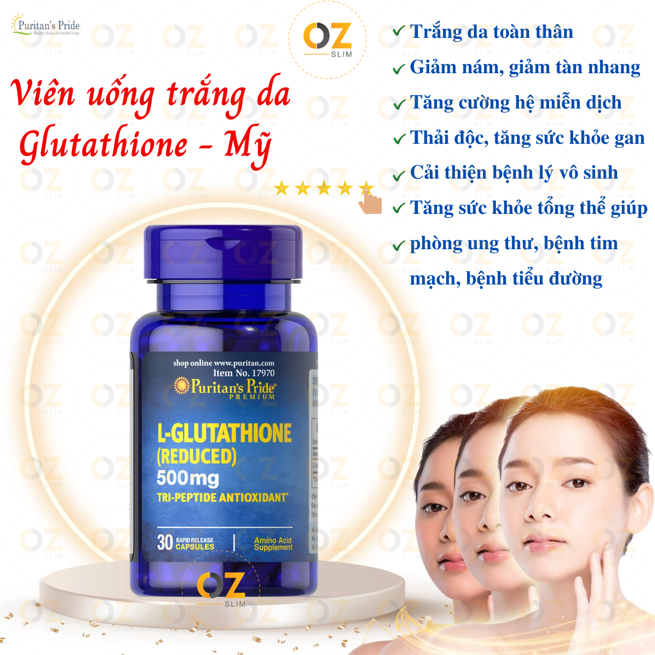 Trắng da Glutathione Puritan’s Pride Premium L-Glutathione 500mg - Mỹ Hỗ trợ trắng da, Giảm nám, tàn nhang, Thải , tăng sức đề kháng - OZ Slim Store