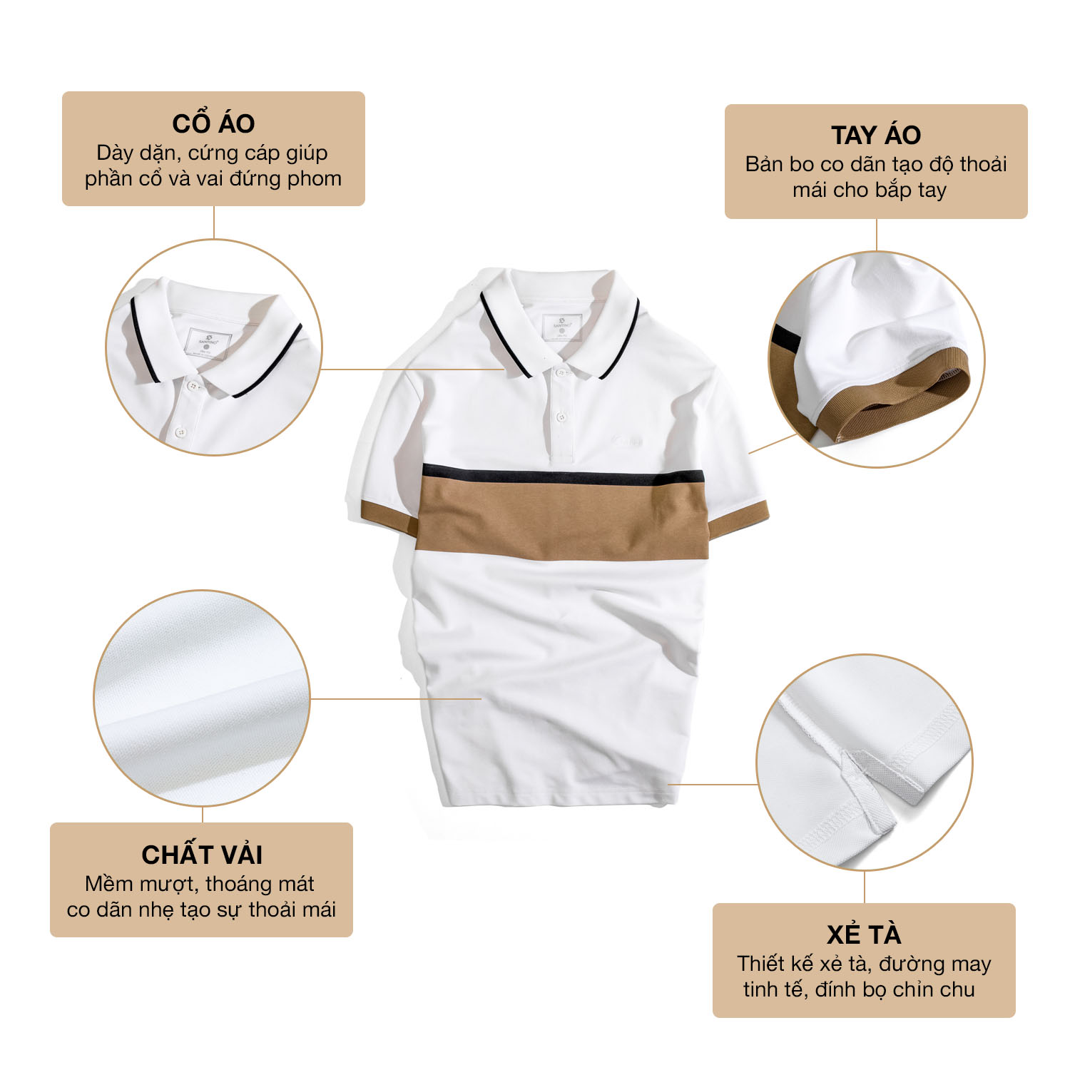Áo Polo nam SANTINO, in phối ngực, vải Cotton Cá Sấu, kháng khuẩn chống nhăn - E014