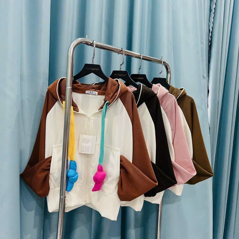 Áo khoác nữ chất LEN GÂN QC tay phối raplan thiết kế nón rộng tay xỏ ngón dây kéo cao