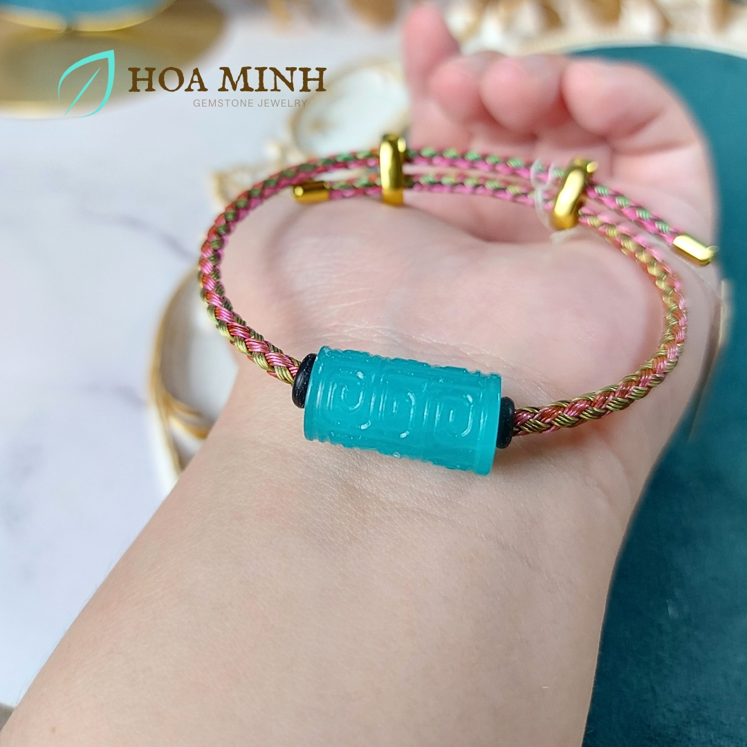 Vòng tay sợi dây cáp phối lu thống đá Amazonite size 11x20 li chạm khắc hoa văn thanh lịch, thời trang