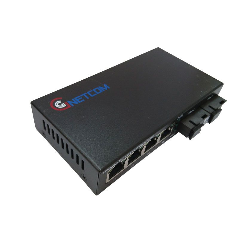 Switch quang PoE chuyển tiếp Gnetcom HL-2F4EP-SC | 2 port fiber,4 lan 10/100MB - Hàng Chính hãng