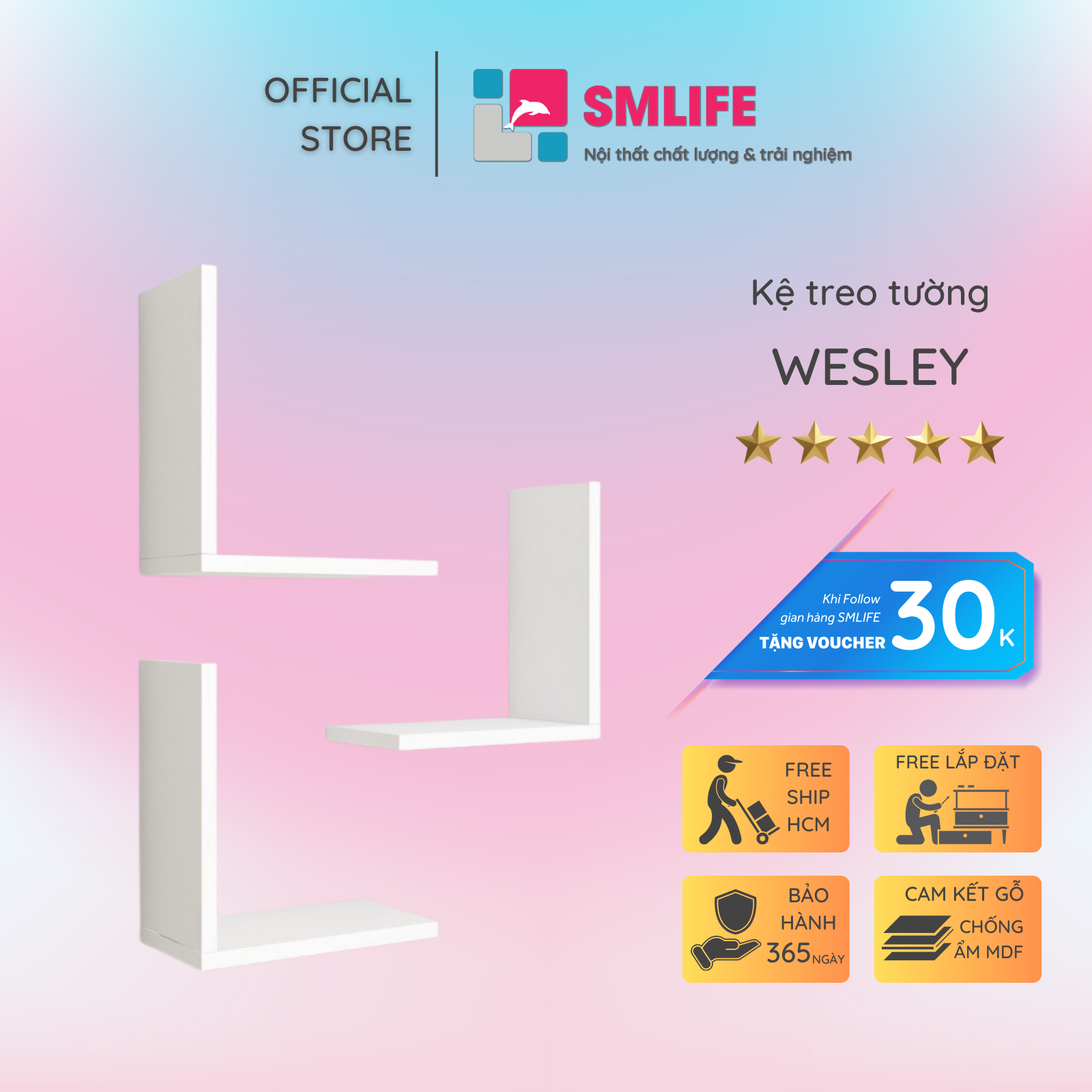 Kệ gỗ treo tường trang trí hiện đại SMLIFE Wesley | Gỗ MDF dày 17mm chống ẩm | D30xR15xC30cm