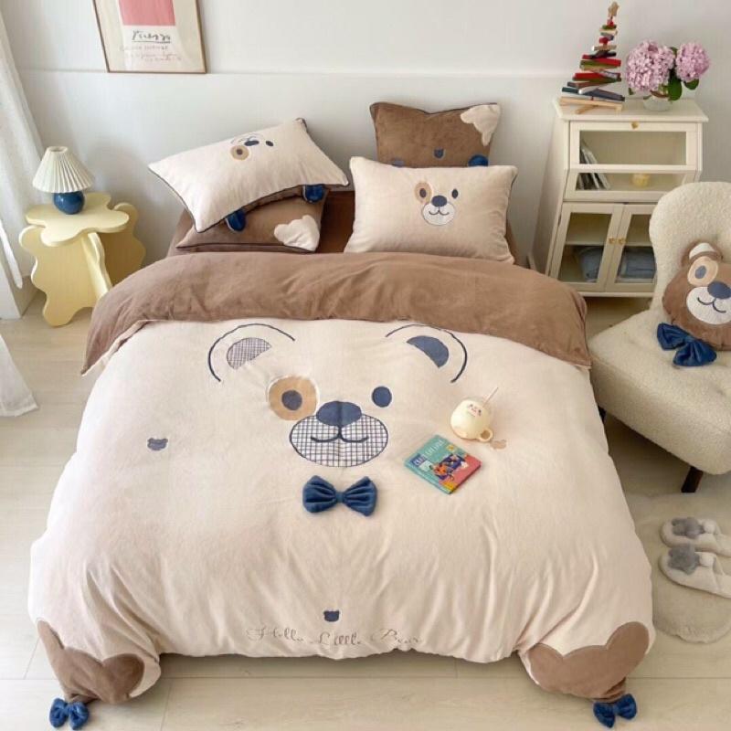 Bộ ga gối vỏ chăn nỉ nhung sữa cao cấp 4 món tặng kèm gối gấu như ảnh