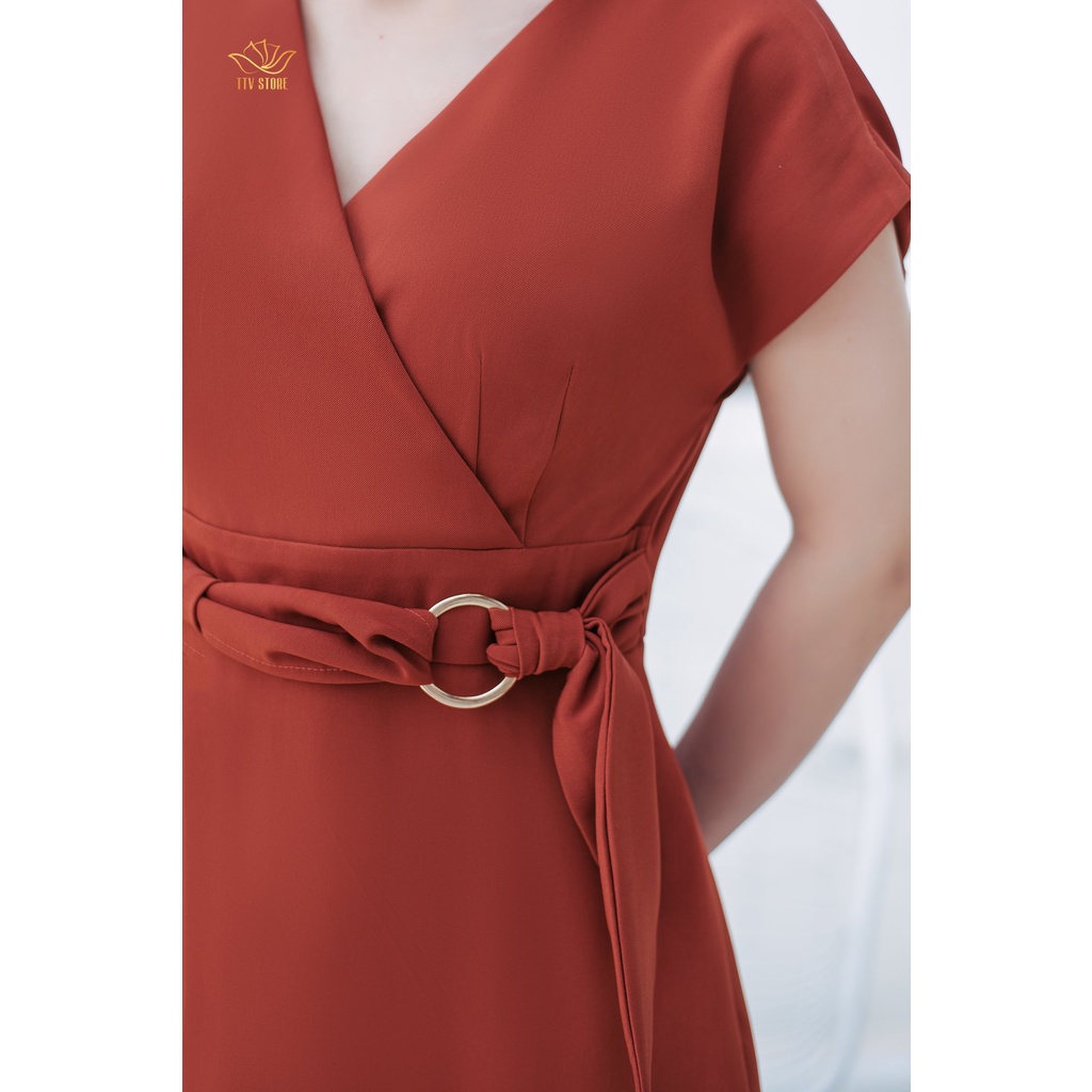 Đầm form A công sở TTV1103 TTV Store thiết kế cổ đắp chéo tay cánh dơi màu cam gạch