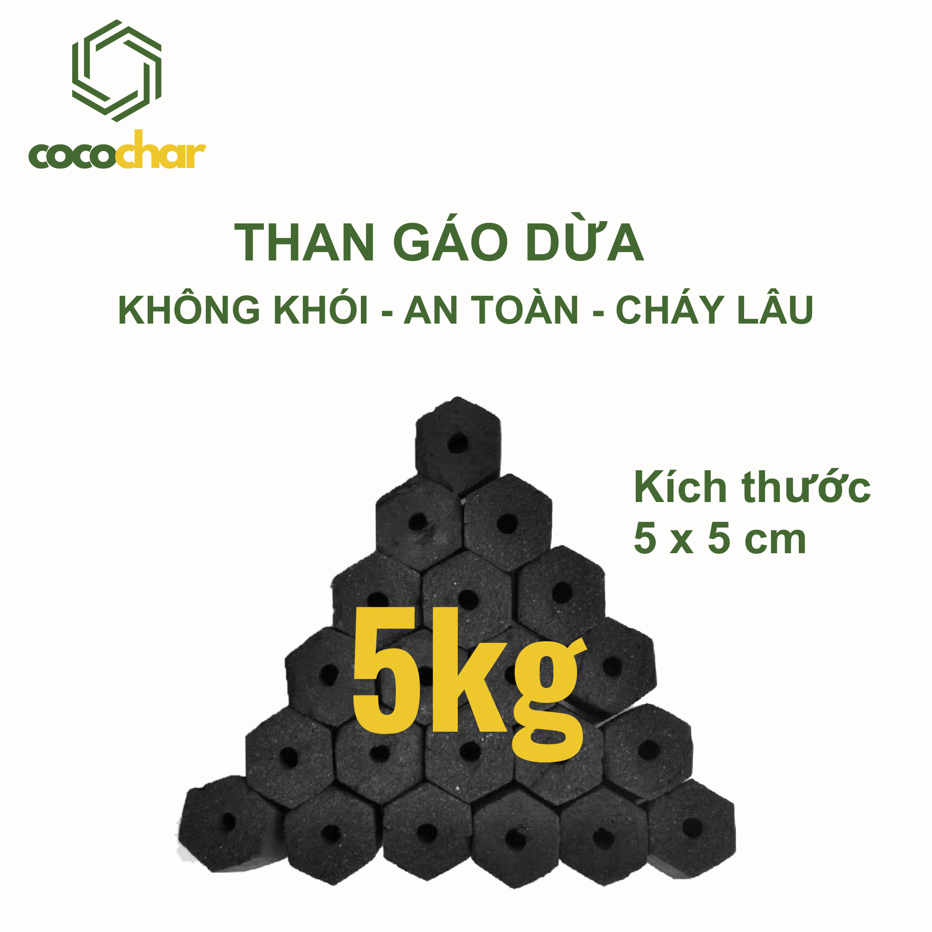 5KG - Than gáo dừa không khói, than nướng BBQ không khói, kích thước 5cmx5cm