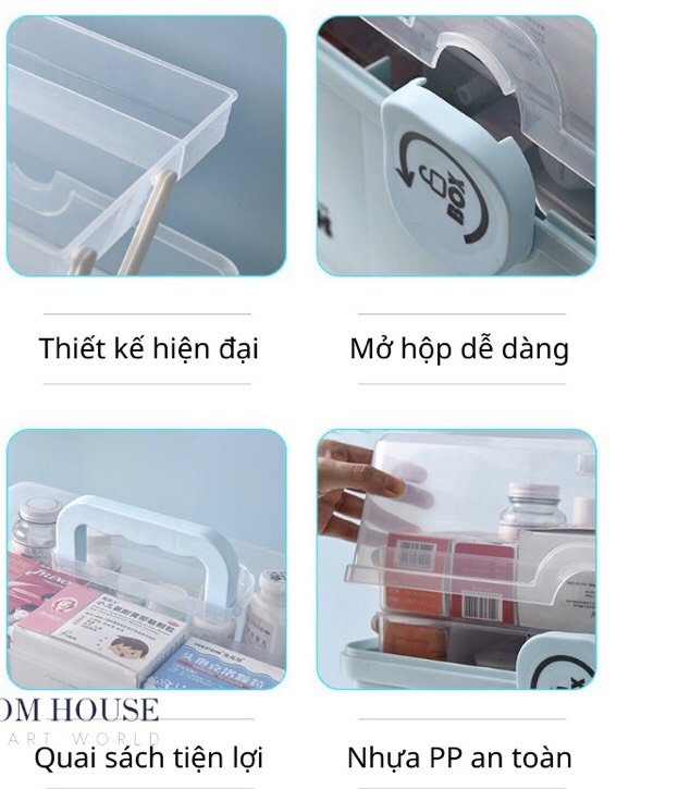 Hộp đựng thuốc gia đình thiết kế 3 tầng với nhiều ngăn nhỏ giúp sắp xếp đồ dùng gia đình gọn gàng, dễ tìm kiếm - Tủ thuốc mini Box khóa xoay dễ dàng đóng mở, nắp nhựa trong suốt