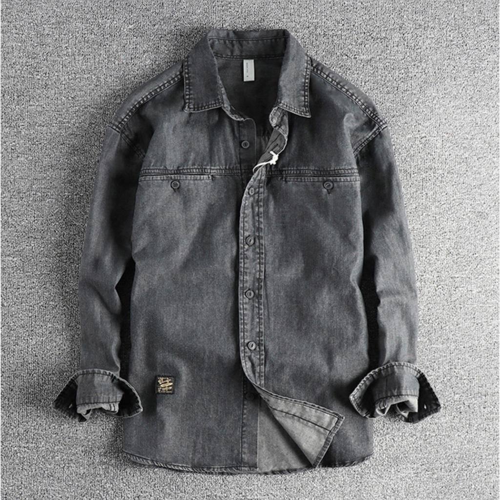 Sơ mi denim wash bụi phong cách Vinstage_dã ngoại_Biker - Xanh