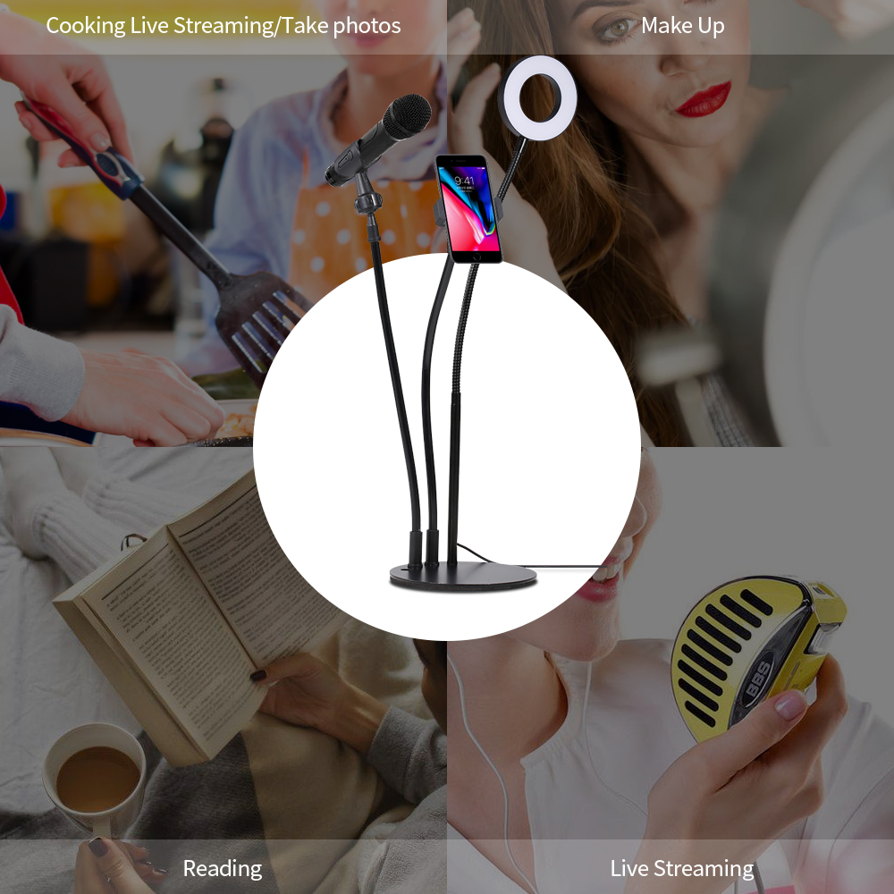 Đèn Vòng LED 9cm 3 Trong 1 Để Bàn Có Giá Đỡ Micrô Có Đế Cắm USB