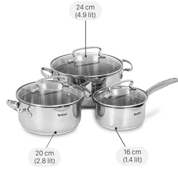 Bộ 3 nồi inox Tefal Duetto Plus (Quánh 16cm - 1.4L, Nồi 20cm - 2.8L, Nồi 24cm - 4.9L) - Hàng chính hãng