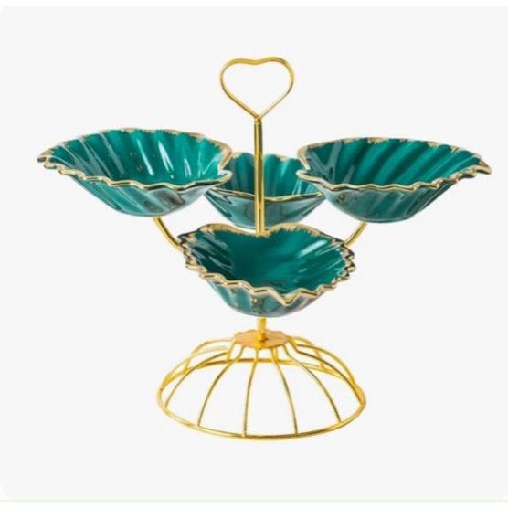 KHAY ĐỰNG BÁNH KẸO HOA QUẢ 4 TAY SEN MẦU XANH CỔ VỊT KHUNG KIM LOẠI MẠ VÀNG CAO CẤP SANG TRỌNG