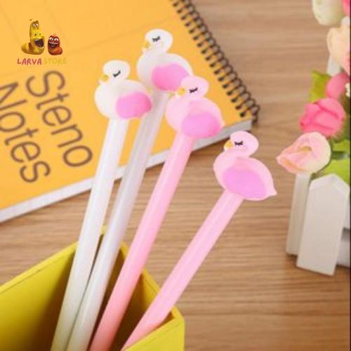 Bút viết gel màu đen gắn hình hồng hạc kute - Bút bi bằng silicon mềm tương đối gắn trên nắp bút đẹp mắt - Larva Store