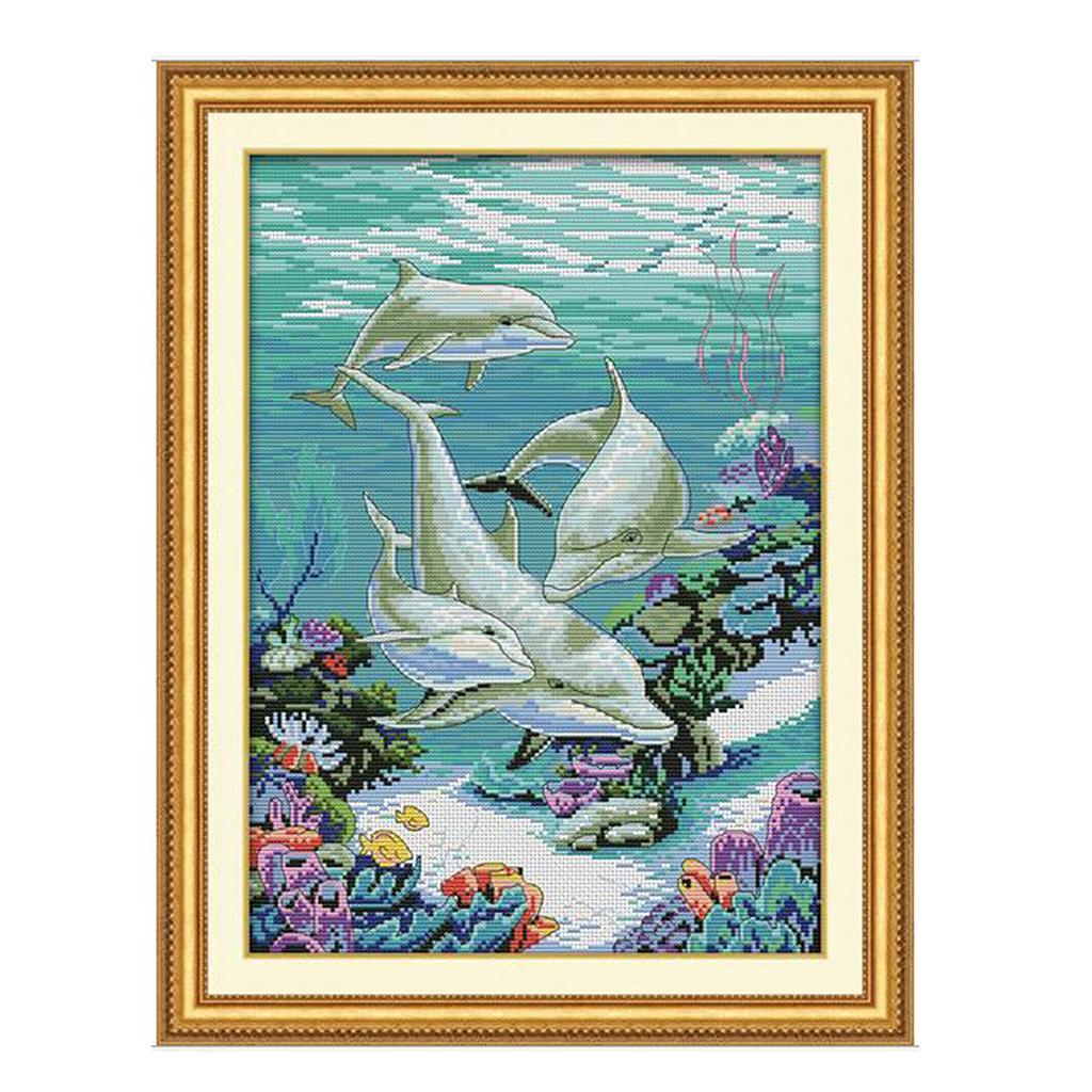 DIY Stamped Cross Stitch Kit Pre-Printed Sea Animals Pattern Embroidery Kits