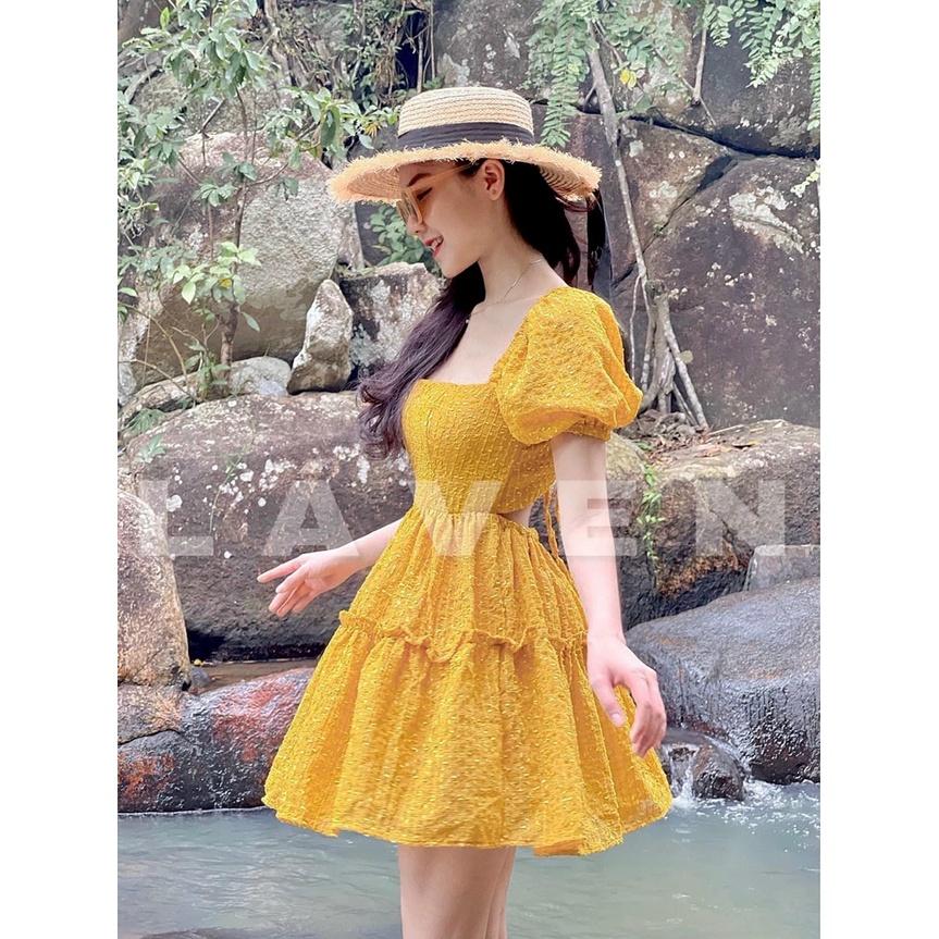 Đầm váy tay phồng dáng xòe nhún xốp xếp tầng thời trang nữ dạo phố, dự tiệc