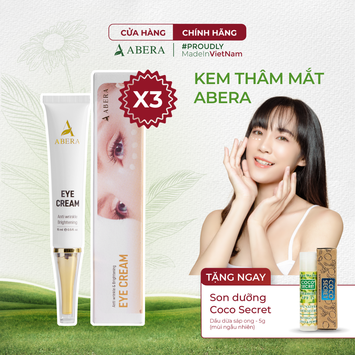 [COMBO 3] Kem Mắt Abera 15ml - Giúp Giảm Thâm Mắt, Bọng mắt, Nếp Nhăn, Làm Trắng Sáng Da Vùng Mắt