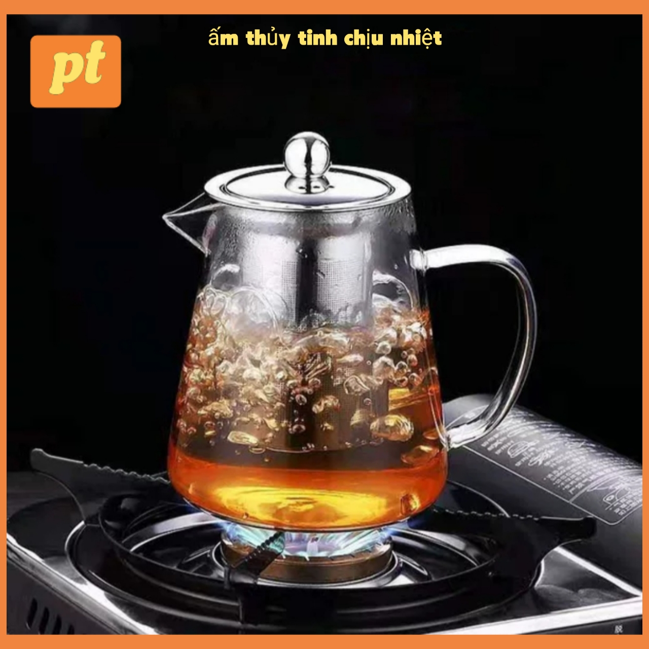 Ấm pha trà, pha cafe tiện lợi thủy tinh chịu nhiệt có lõi lọc, nắp inox Tặng bộ 4 cọ vệ sinh vòi ấm