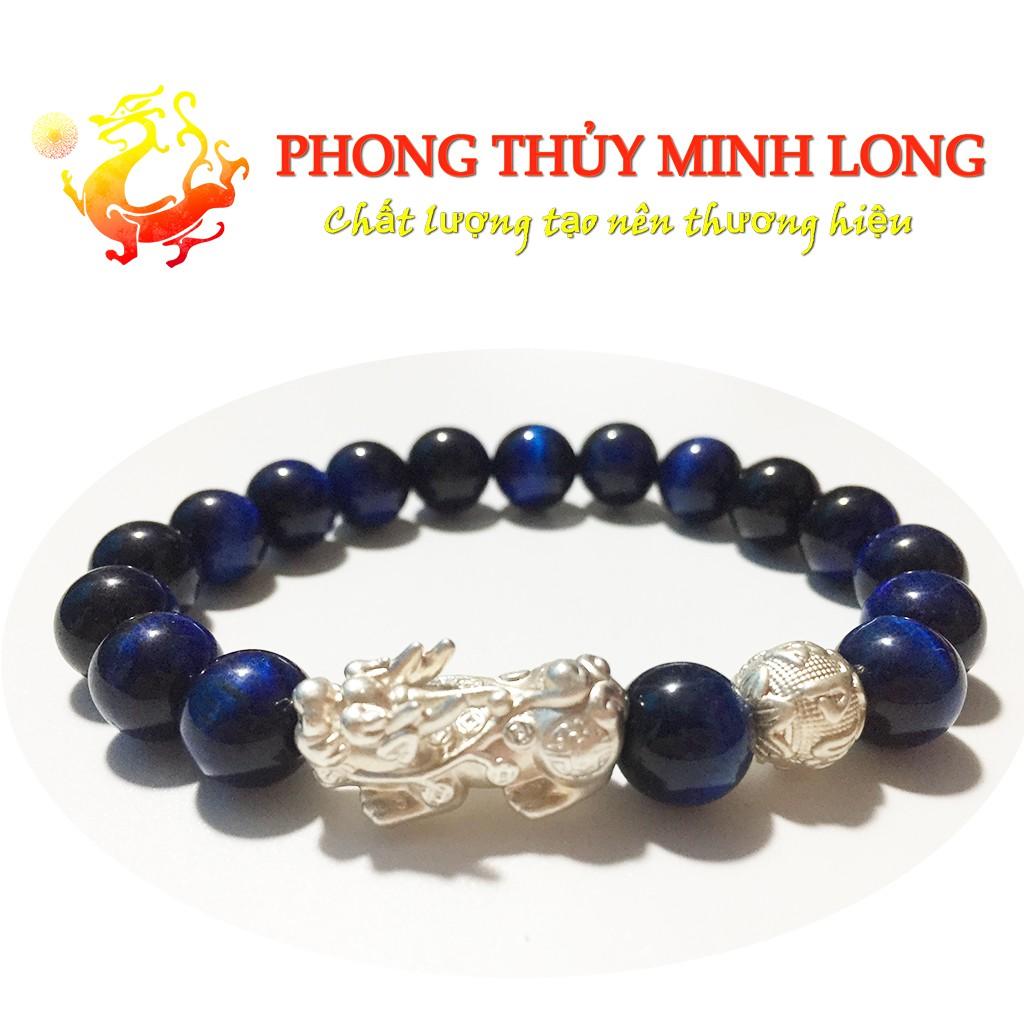 Vòng tay đá Mắt Hổ Xanh Dương chất lượng 5A mix tỳ hưu và 1 hạt kim tiền Bạc hợp mệnh thủy và Mộc