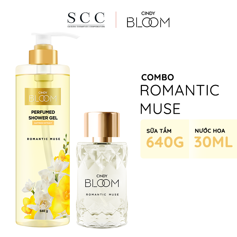 Bộ đôi sữa tắm nước hoa &amp; nước hoa nữ Cindy Bloom Romantic Muse mùi hương quyến rũ lãng mạn 640g + 30ml