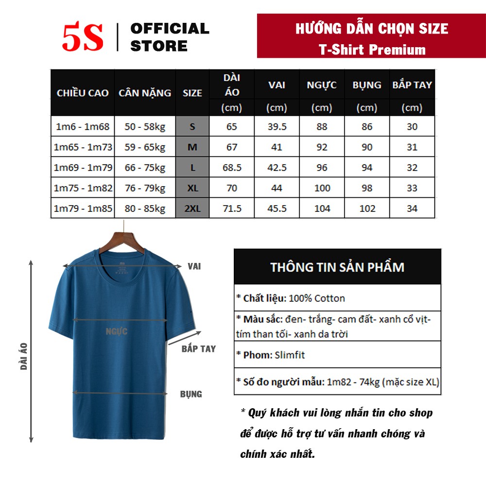 Áo Phông Nam Tay Ngắn 5S (6 màu), Chất Liệu Premium Cotton Siêu Mát, Bền Màu, Thiết Kế Trẻ Trung Năng Động (TSO21023-01)