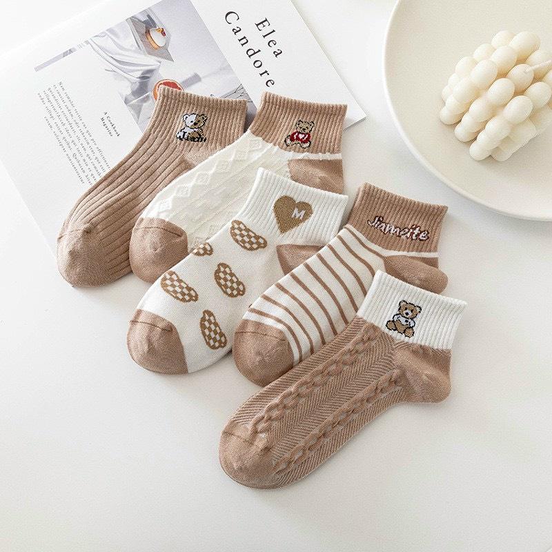 Tất nữ vớ cổ ngắn set 5 đôi nâu sữa họa tiết cute phong cách Hàn Quốc trẻ trung chất liệu co giãn thoáng mát