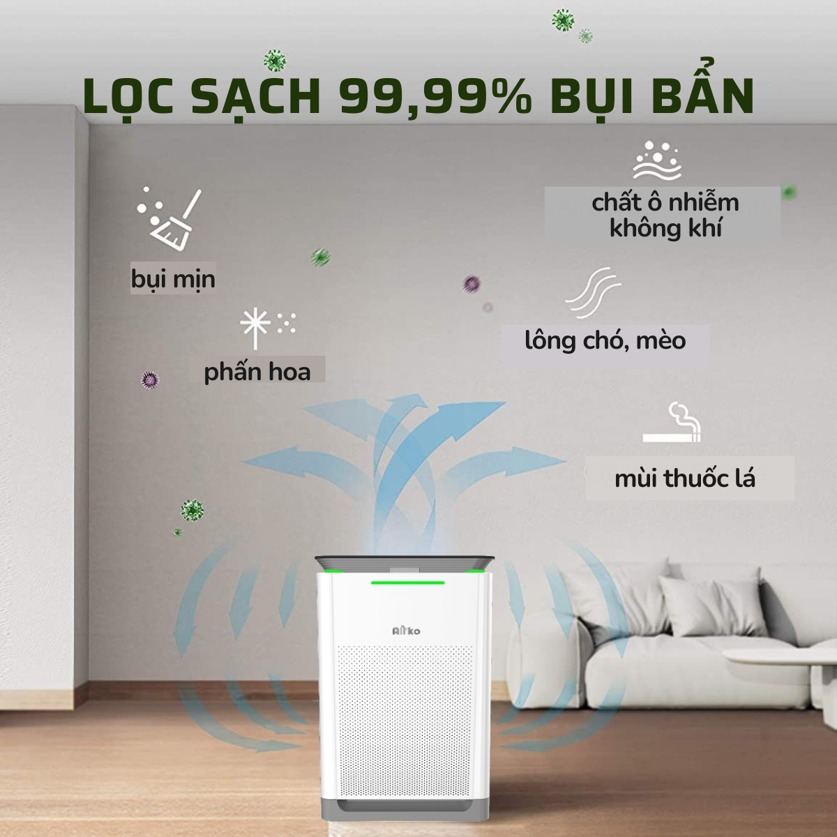 Máy lọc không khí và bù ẩm chính hãng Airko AK50M-R (60m2)/ Tính năng thông minh/ SP thiết yếu cho gia đình và Văn phòng