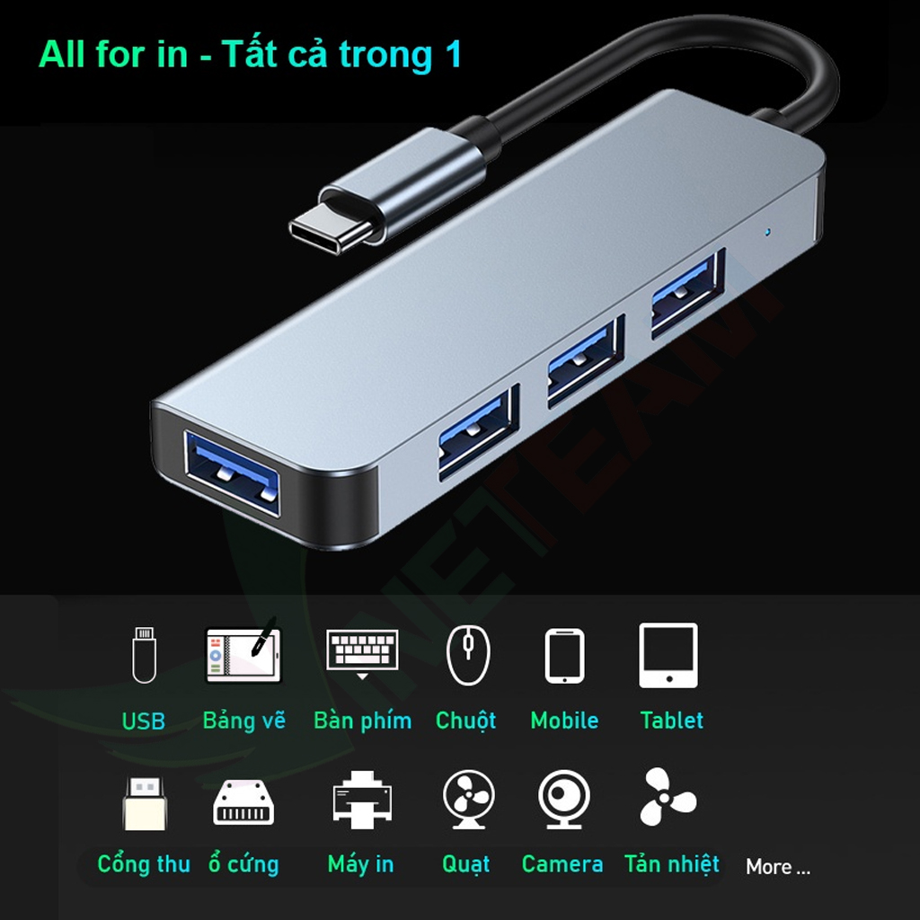 Hub Type C Và Hub USB 3.0 Tốc Độ Cao 4 Cổng Vinetteam 2013U/2013T Cáp Chuyển Đổi Dành Cho Macbook Pro Laptop PC Hỗ Trợ Sạc Pin Kết Nối Đa Năng Ổ Cứng Bàn Phím Chuột Máy In, Thiết Bị Chia Cổng USB - Hàng Chính Hãng