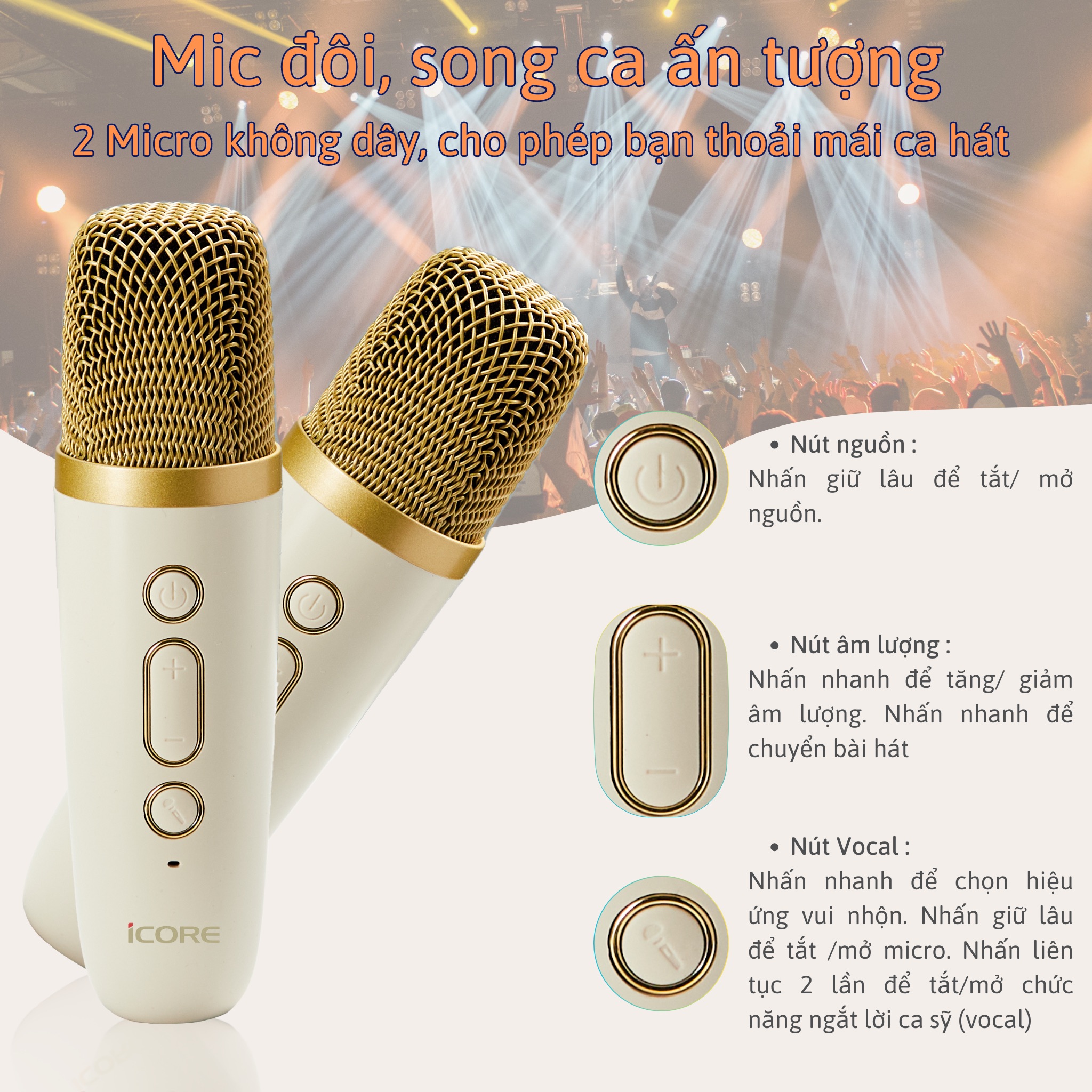 Bộ Loa Karaoke Mini Bluetooth iCore iParty kèm 2 micro không dây - Hàng chính hãng