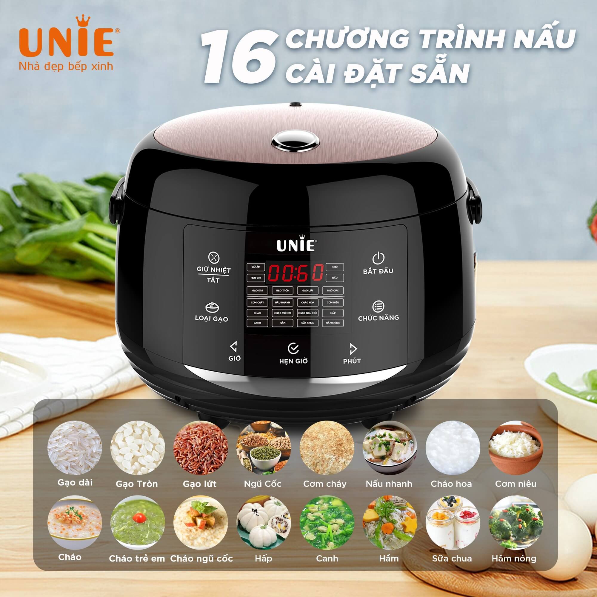 Nồi Cơm Điện Đa Năng UNIE UEC1572B Sang Trọng Tiêu Chuẩn Đức Gồm 16 Chương Trình Nấu Dung Tích 1.5 Lít Dùng Cho Gia Đình 3-4 Người Công Suất 600 W - Hàng Chính Hãng