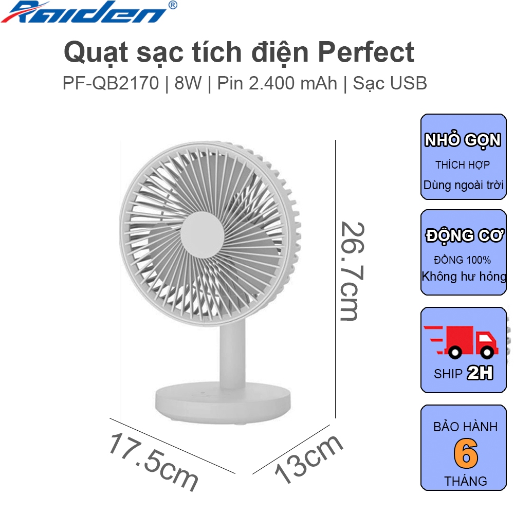Quạt Để Bàn Có Sạc Tích Điện Perfect PF-QB2170 (Trắng) - Hàng chính hãng