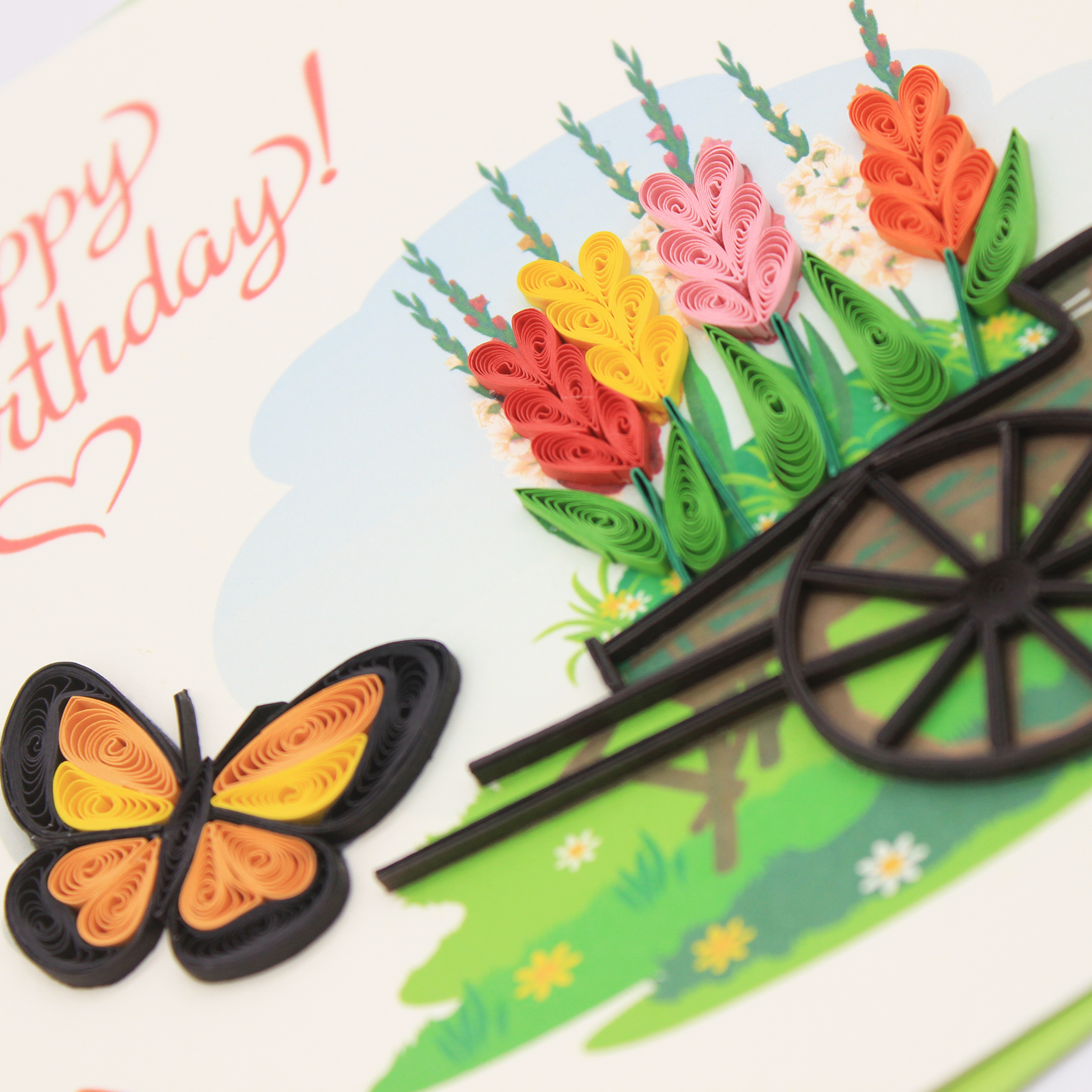 Thiệp Chúc Giấy Xoắn Thủ Công (Quilling Card) Chúc Mừng Sinh Nhật Vườn Hoa Mùa Xuân - Tặng Kèm Khung Giấy Để Bàn