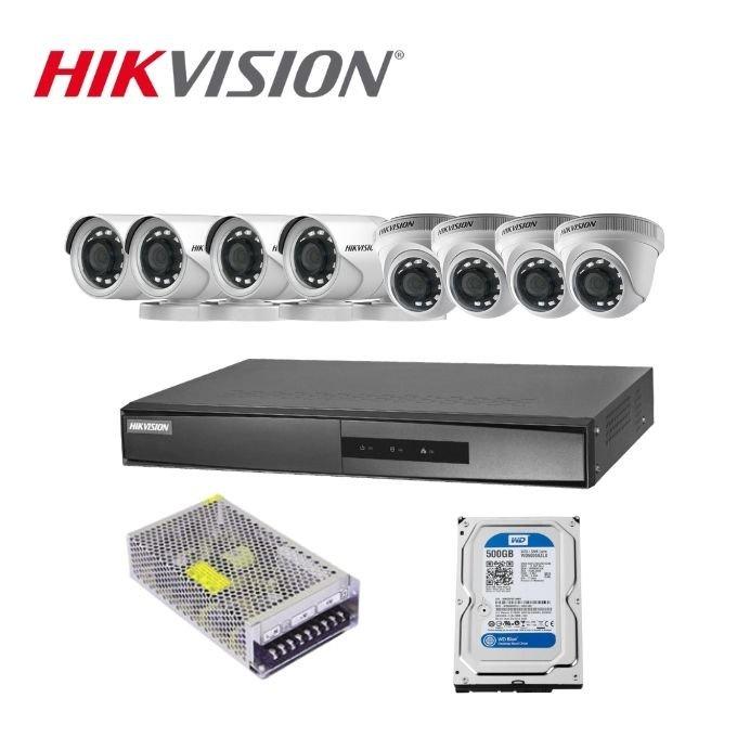 Trọn bộ 8 camera Analog bán cầu và thân trụ Hikvision.Đầu ghi 8 kênh DS-7208HGHI-K1, xem lại lịch sử gần 15ngày, Full HD - Hàng Chính Hãng